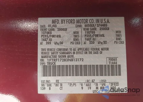 2003 Ford F-150 Xl/Xlt z USA, uszkodzony, nr VIN 1FTRF17283NB13172